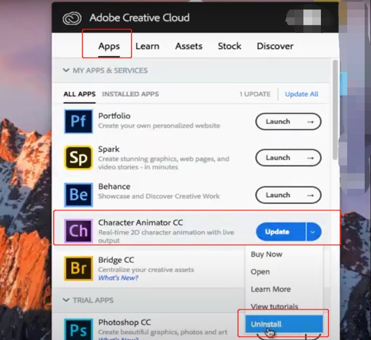 Remove Character Animator from Adobe CC Desktop