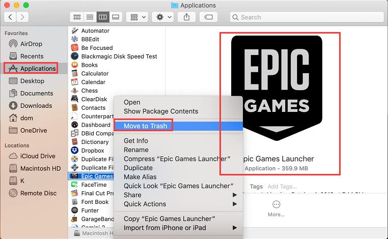 Удалите Epic Games Launcher на Mac вручную