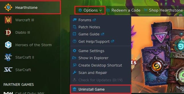Uninstall Hearthstone on Mac within Battle.net