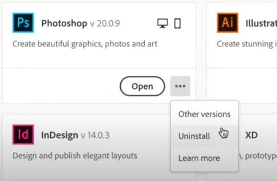 Удалить Photoshop из Adobe Creative Cloud