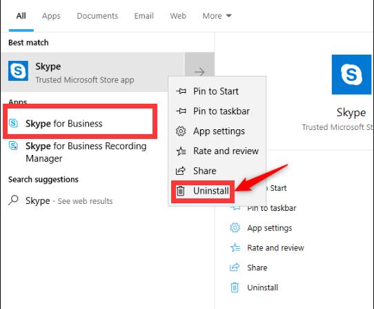 Удалить Skype для бизнеса в Windows 10