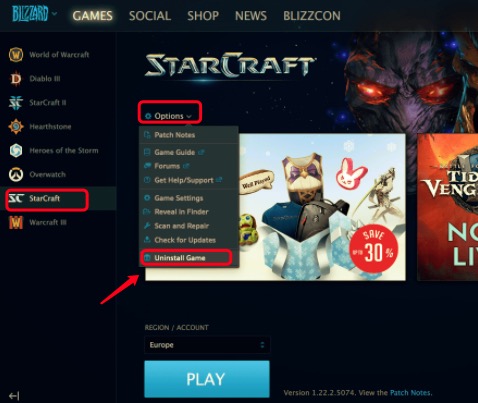 Удалите StarCraft 2 на Mac через Battle.net