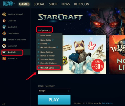 Uninstall StarCraft 2 on Mac through Battle.net