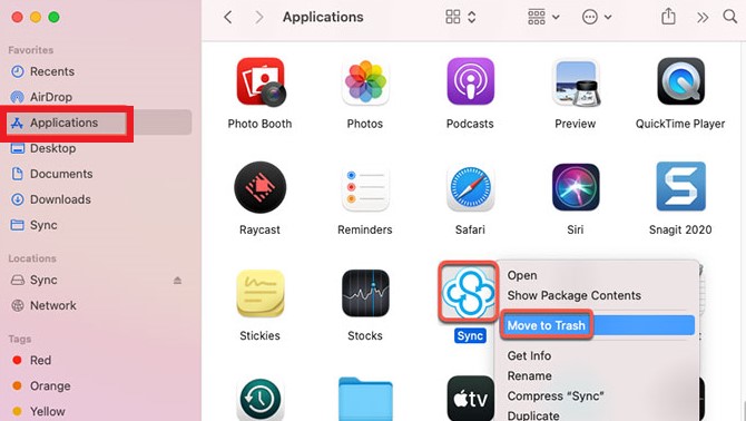 Удаление приложения Sync Desktop вручную на Mac