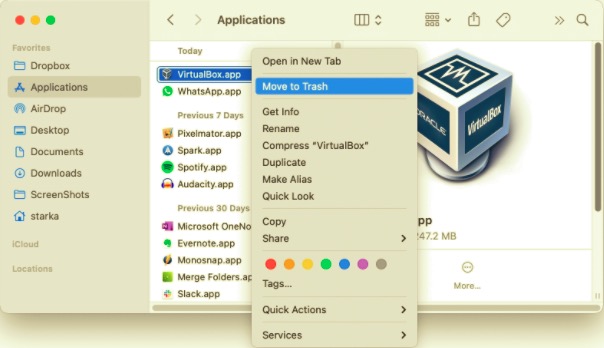 Удалите VirtualBox с Mac напрямую через Finder