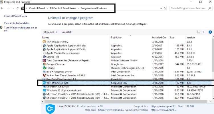 Desinstalar manualmente VPN ilimitado en Windows