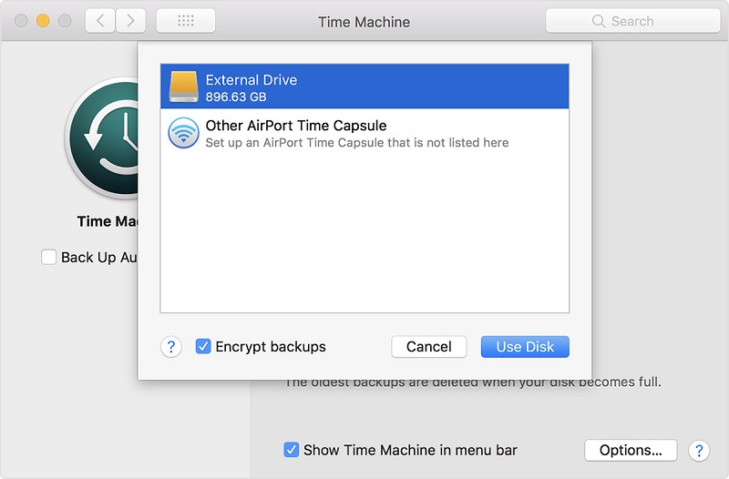 Conecte un almacenamiento externo como disco de respaldo de Time Machine