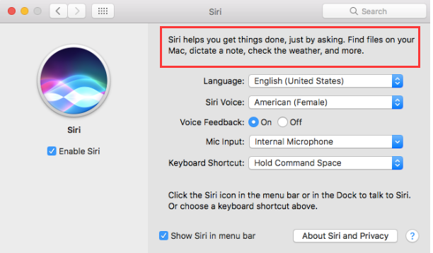 Użyj Siri Pane w Preferencjach systemowych Mac