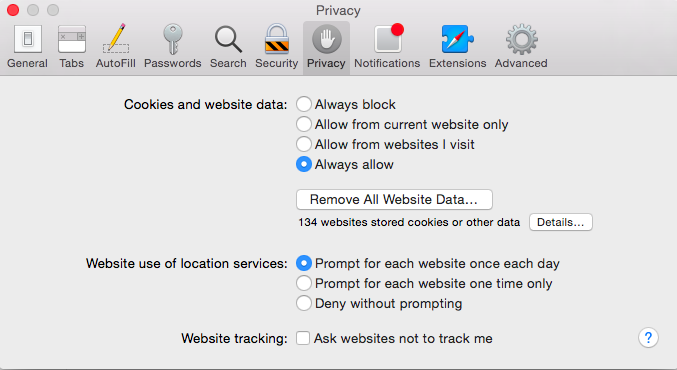 Escolha privacidade para habilitar cookies no Mac