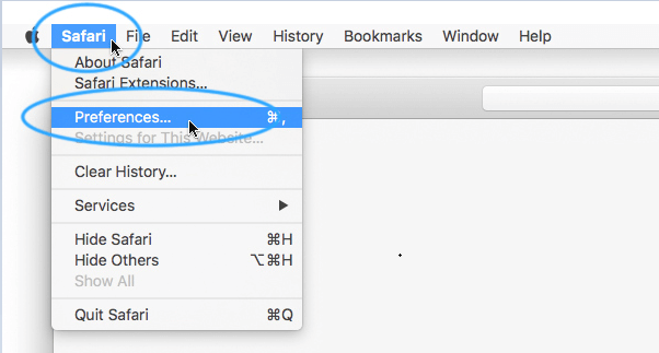 Click Preferences under Safari to Enable Cookies on Mac