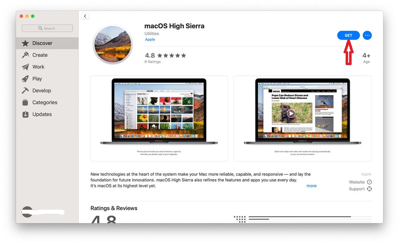 macOS High Sierra 받기 Mac App Store에서 DMG 파일 다운로드