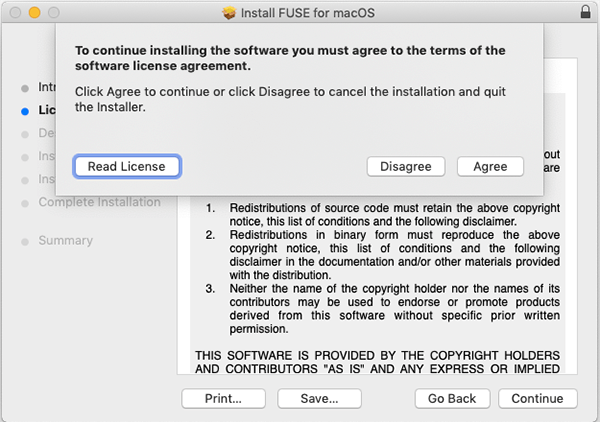 Accordo di installazione Osxfuse