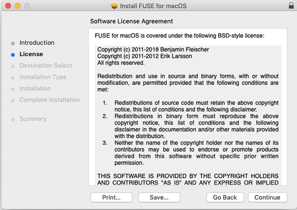 Licença de Instalação do Osxfuse