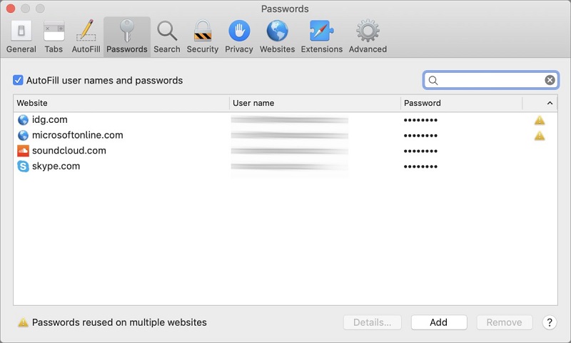 Safari中的内置密码管理器