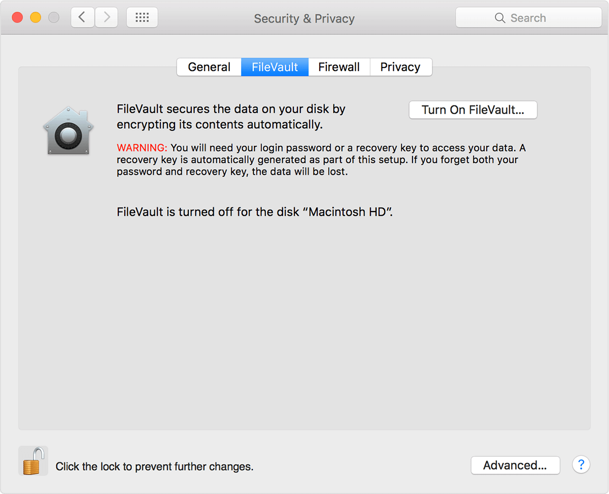 Turn FileVault Off