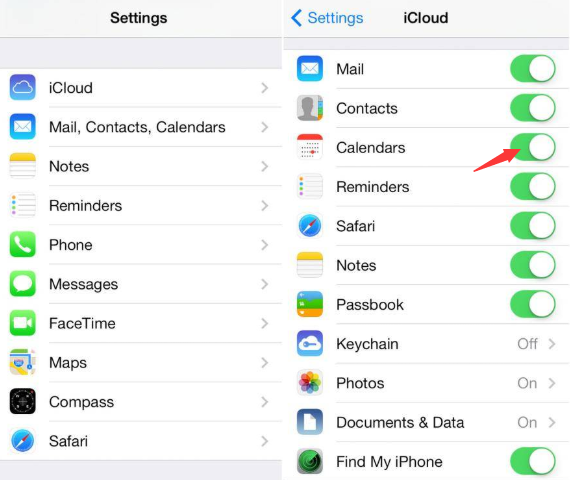 تبديل على iCloud للتقاويم