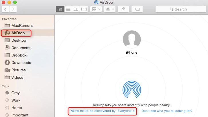 Включение AirDrop на iOS и Mac