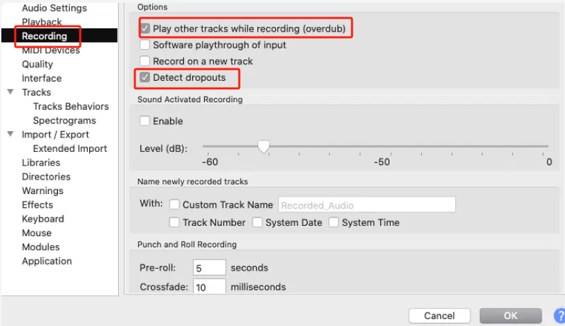 Modificar configurações de gravação do Audacity