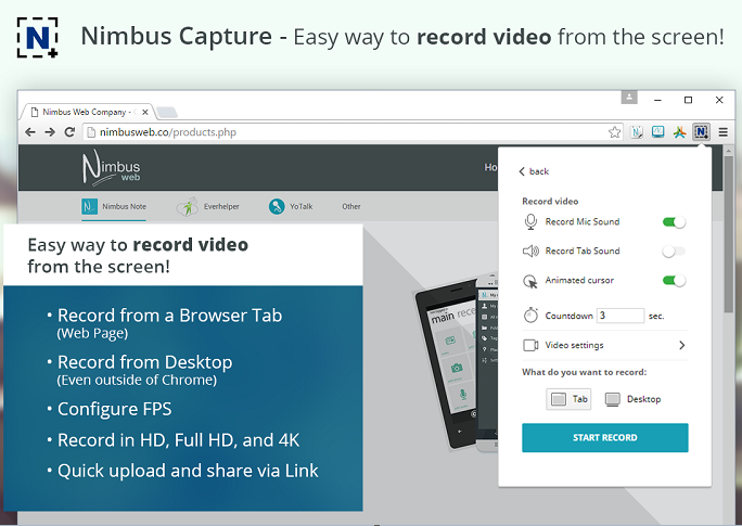 Captura de tela e gravador de vídeo Nimbus