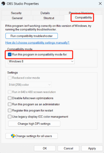 Включите режим совместимости, чтобы исправить неработающий захват игры OBS