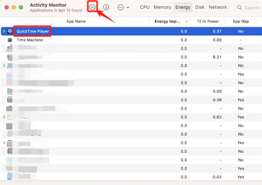 Zatrzymaj nagrywanie ekranu QuickTime w Monitorze aktywności