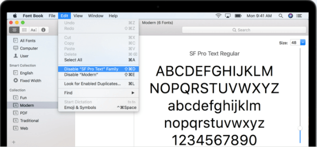 Mac에서 글꼴 비활성화