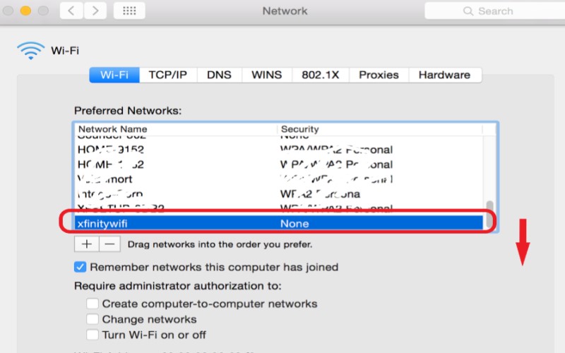 Изменить приоритет сети, чтобы отключить Xfinity WiFi на Mac