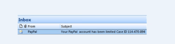 Ograniczony e-mail phishingowy dotyczący konta PayPal wygląda jak w skrzynce odbiorczej