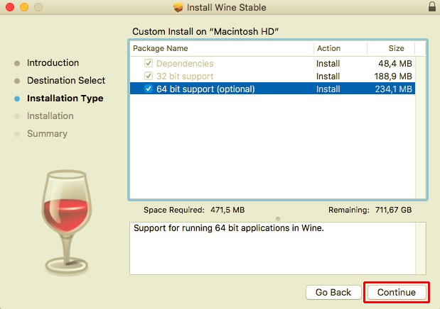在 Mac 上安装 Wine 时打开 64 位支持