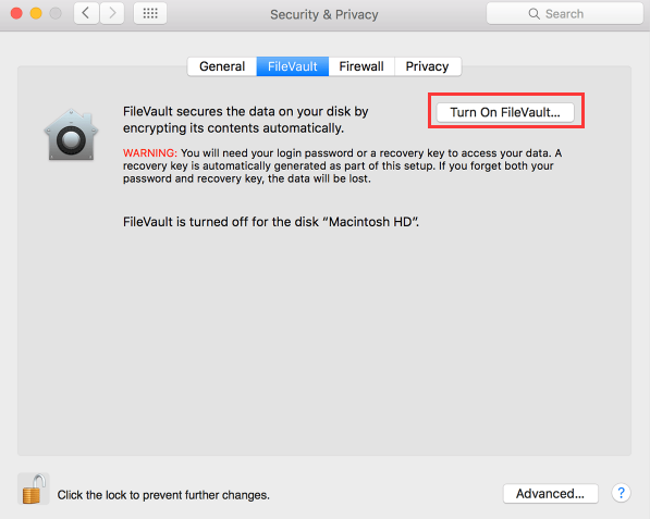 在 Mac 上启用 FileVault 磁盘加密