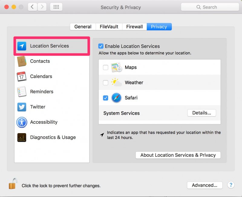 Turn on Location Services Mac