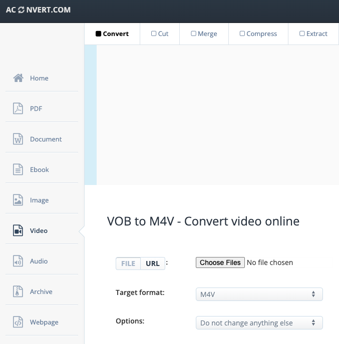 Converteer VOB naar M4V op Aconvert.com