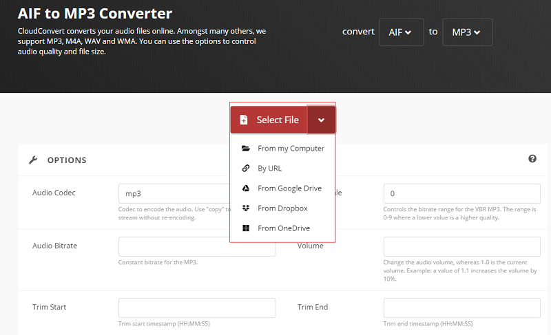 Convert AIF to MP3 with CloudConvert