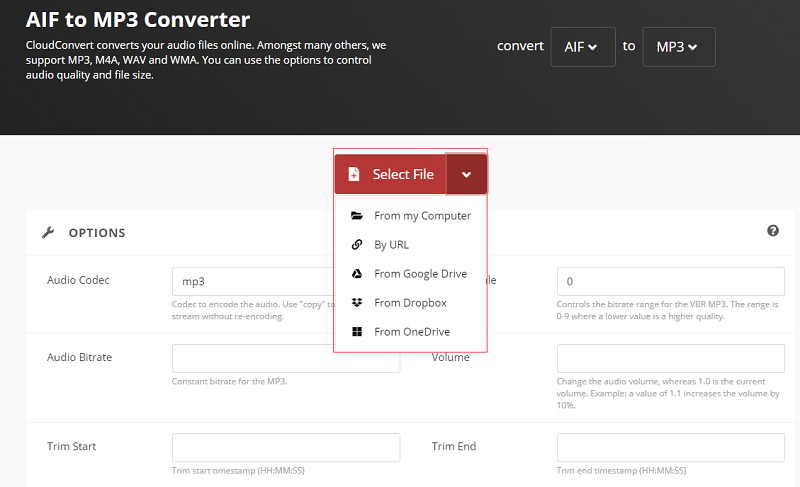 Converta AIF para MP3 com CloudConvert