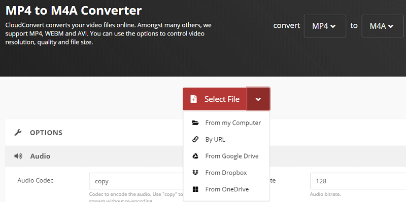 Converter MP4 em M4A com CloudConvert