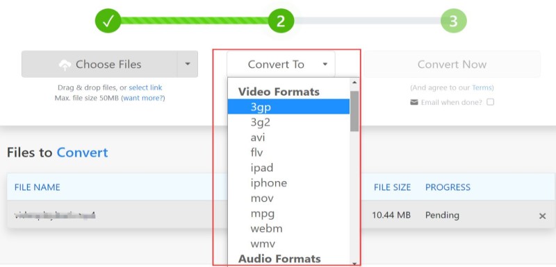 Convert MPEG to MOV via Zamzar