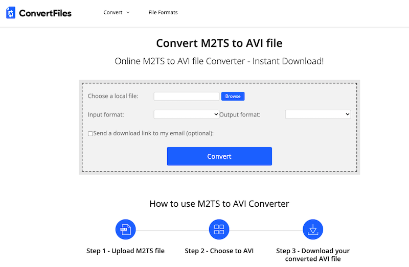 ConvertFiles.com을 방문하여 M2TS를 AVI로 변환
