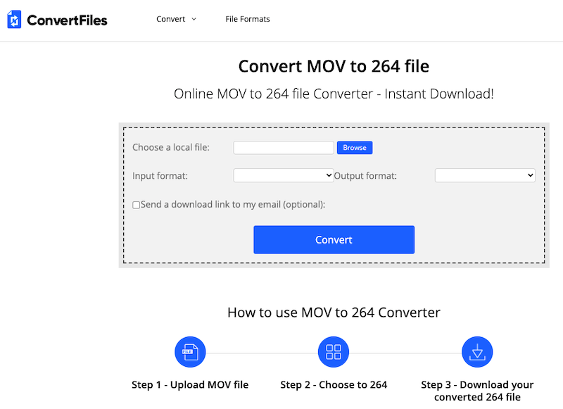 Converta arquivos MOV para H.264 online em ConvertFiles.com