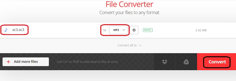 Użyj Convertio, aby przekonwertować AC3 na MP2