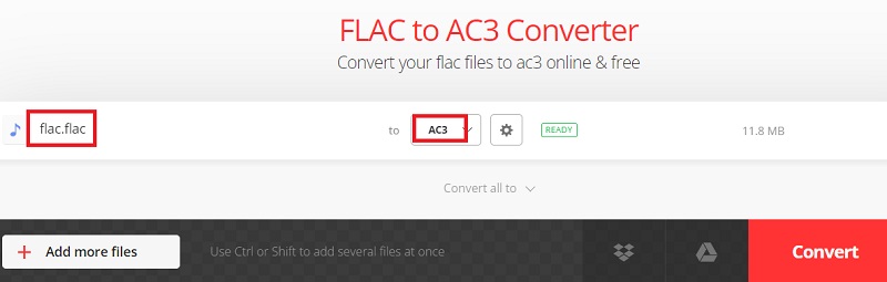 Zmień FLAC na AC3 za pomocą Convertio