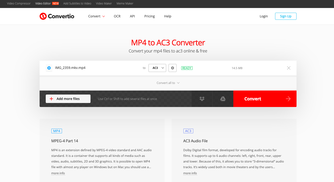 Użyj Convertio.co, aby przekonwertować MKV na AC3