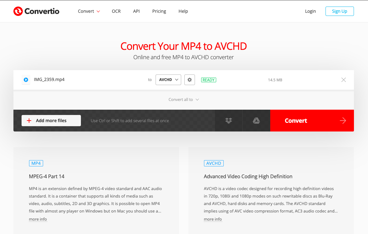 Конвертируйте MP4 в AVC с помощью Convertio.co