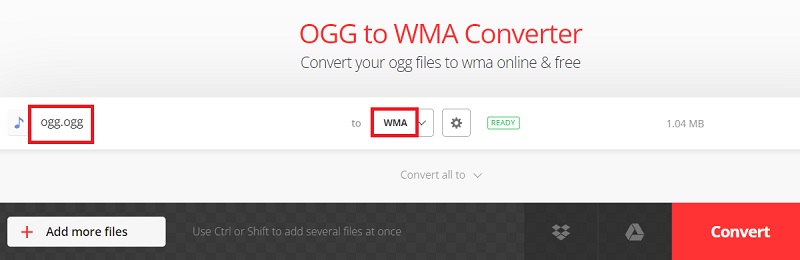 Maak OGG-bestanden naar WMA-formaat met Convertio