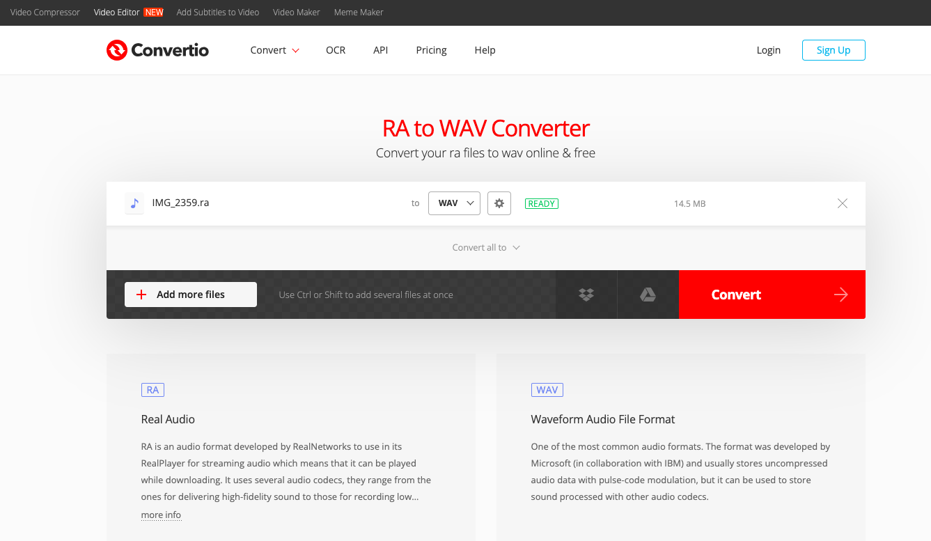 تحويل RA إلى WAV باستخدام Convertio.co