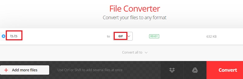 Используйте Convertio, чтобы преобразовать TS в формат GIF
