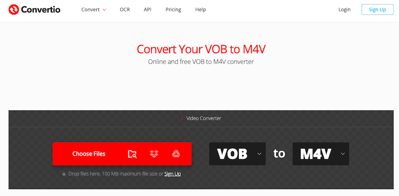 Visite Convertio.co para converter arquivos VOB para M4V online gratuitamente
