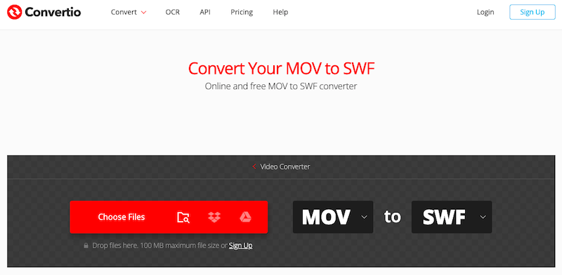 Odwiedź Convertio.co, aby przekonwertować MOV na SWF online
