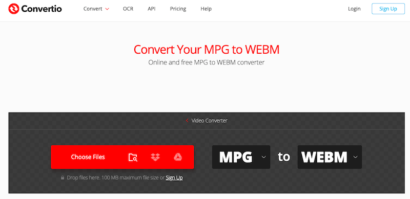 Visite Convertio.co para converter MPG em WebM