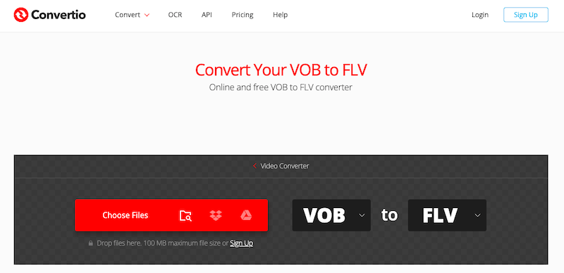 Посетите Convertio.co, чтобы преобразовать VOB в FLV