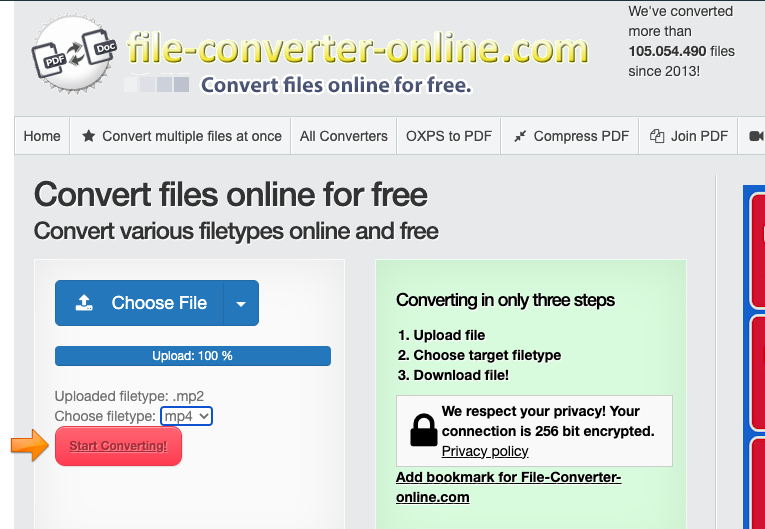 Converta MP2 para MP4 com File-Converter-Online.com